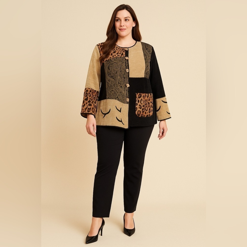 Indigo Moon women’s patchwork jacket 1X- leopard print, paisley